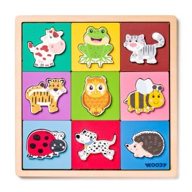 WOODY DŘEVO Puzzle vkládací vícevrstvé se zvířátky 18 dílků na desce