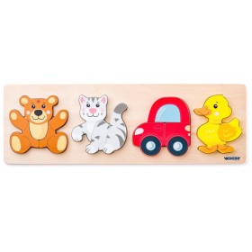 WOODY DŘEVO Baby vkládací puzzle skládačka 4 motivy 4v1 na desce