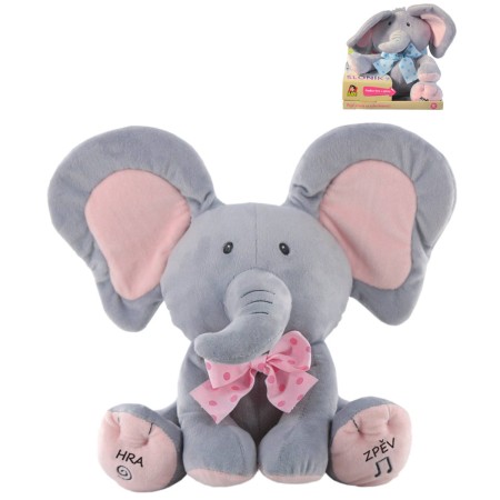 PLYŠ Sloník baby hra na schovávanou mluví zpívá na baterie CZ Zvuk 2 barvy