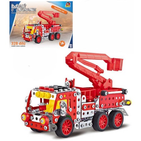 MALÝ MECHANIK Hasičský vůz 327 dílků kovová STAVEBNICE typu Merkur