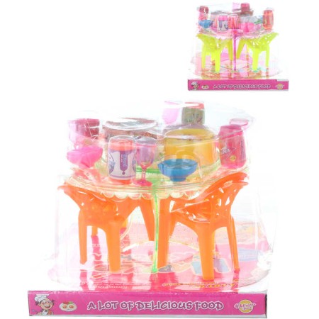 Stoleček jídelní plastový set s nádobím a potravinami do domečku 2 druhy