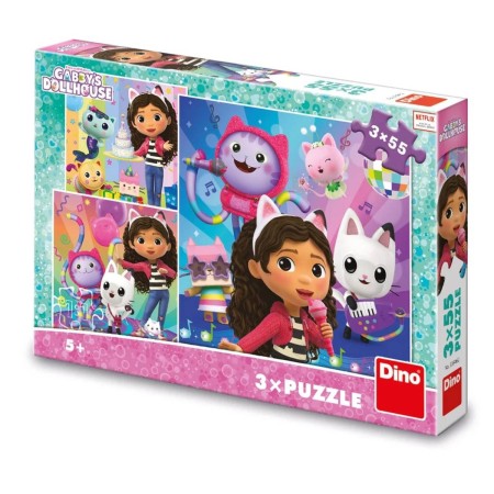 DINO Puzzle 3x55 dílků Gabbys Dollhouse Oslava 18x18cm skládačka 3v1