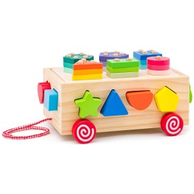WOODY DŘEVO Vozík tahací s vkládacími a navlékacími tvary 3v1