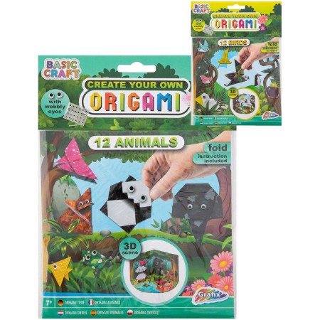 GRAFIX Origami kreativní skládačka set 12 zvířátek s očima + 3D pozadí 2 druhy