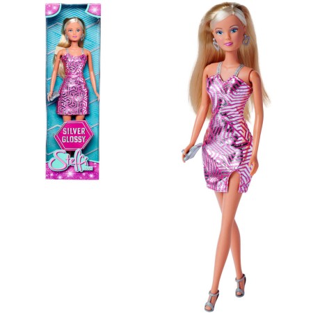 SIMBA Panenka Steffi Silver Glossy 29cm třpytivé krátké šaty 2 druhy