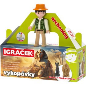 EFKO IGRÁČEK Archeolog figurka egyptské vykopávky maska faraona a soška Bastet