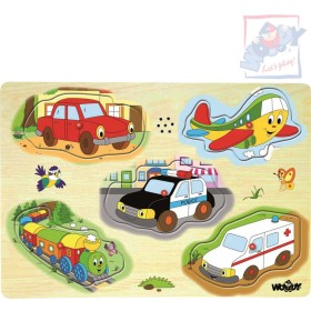 WOODY DŘEVO Puzzle muzikální dopravní prostředky zvukové set 5 dílků