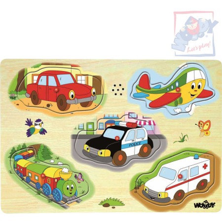 WOODY DŘEVO Puzzle muzikální dopravní prostředky zvukové set 5 dílků