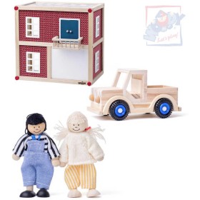 WOODY DŘEVO Moderní vila domek pro panenky herní set se 2 panáčky a autíčkem