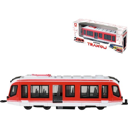 Tramvaj červená kovová MHD Městská hromadná doprava zpětný chod