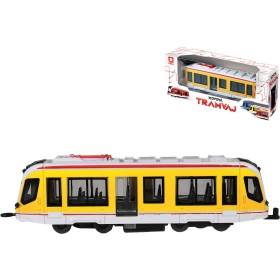 Tramvaj žlutá kovová MHD Městská hromadná doprava zpětný chod