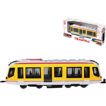 Tramvaj žlutá kovová MHD Městská hromadná doprava zpětný chod