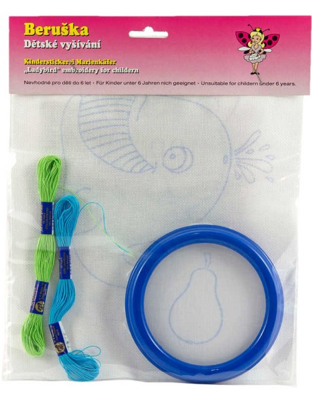 Dětské vyšívání set rámeček vyšívací + 3 předlohy a 4 příze v sáčku různé barvy