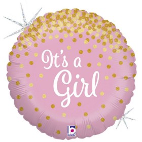GRABO Balónek nafukovací růžový Je to holka! 46cm fóliový se zlatými konfetami