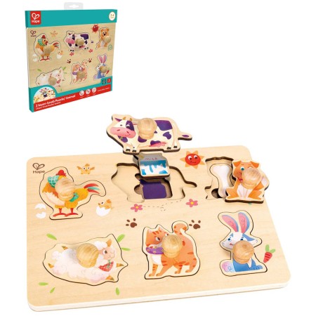 HAPE DŘEVO Puzzle baby vkládací Farma s úchyty 12 dílků na desce