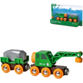 BRIO DŘEVO Set Vagon s nákladem + jeřáb doplněk k vláčkodráze 33698