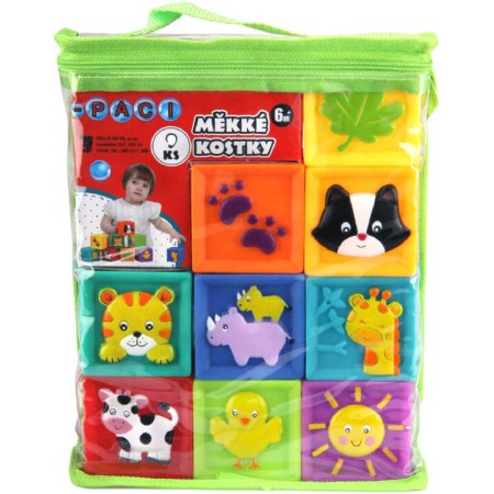 Kostky měkké baby pískací Paci-Paci sada 9ks v igelitové tašce na zip zvířátka
