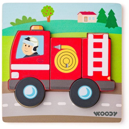 WOODY DŘEVO Baby vkládací puzzle auto hasiči skládačka 5 dílků na desce