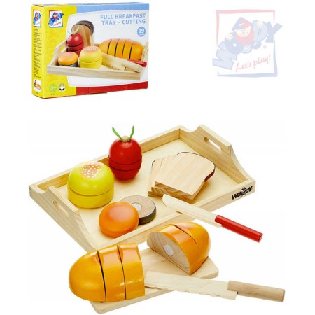 WOODY DŘEVO Tác se snídaní makety potravin na krájení set se 2 nožíky