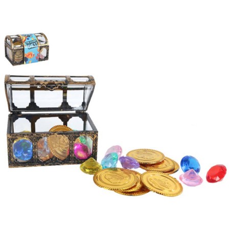Truhla s pokladem drahokamy + dětské zlaté pirátské mince plast
