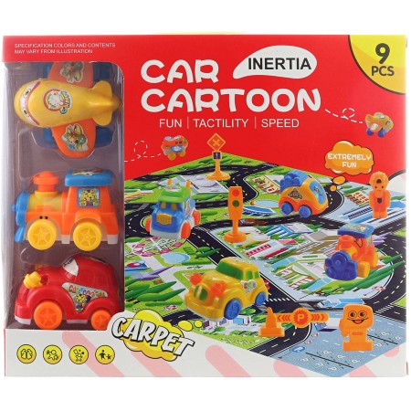 Koberec hrací město + 3 dopravní prostředky na setrvačník s doplňky