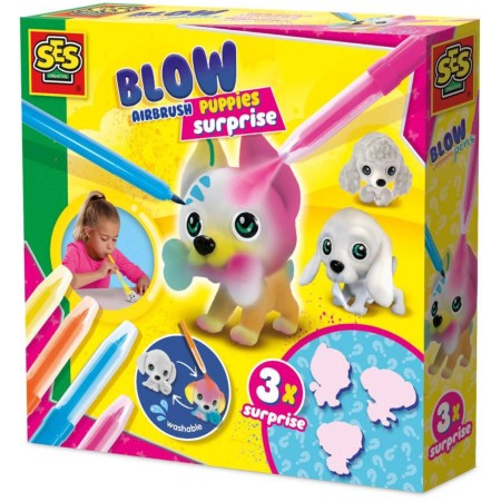 SES CREATIVE Foukací fixy set 4 barvy + 3 štěňátka s překvapením