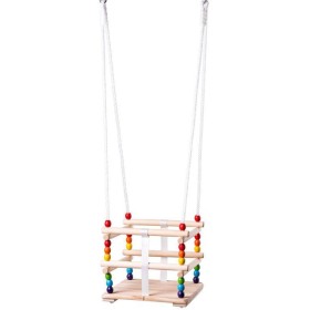 DŘEVO Baby houpačka závěsná se zábranou natur duhová pro nejmenší