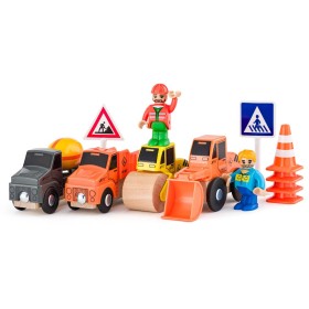 WOODY DŘEVO Stavební stroje set 4 autíčka se 2 figurkami doplněk k vláčkodráze