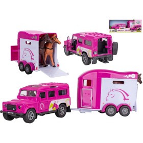 KIDS GLOBE Horses auto Land Rover set s přívěsem a koňmi růžový PB kov