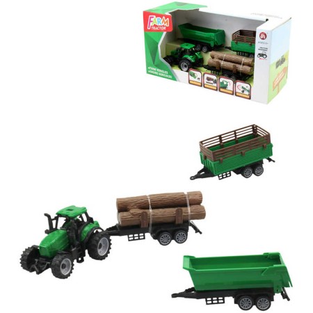 Traktor zelený se 3 přívěsy a kládami dřeva herní set v krabici plast