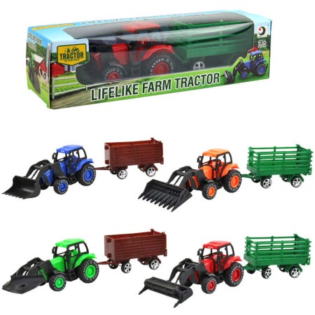 Traktor zemědělský 9cm set s vlečkou a nástrojem 4 druhy v krabici plast