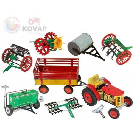 KOVAP Velký zemědělský agroset 2 traktor Zetor k natažení na klíček s doplňky kov