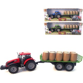 Traktor farmářský na setrvačník s přívěsem s balíky sena 3 barvy plast