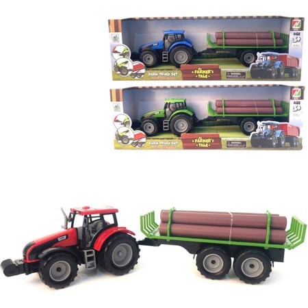 Traktor na setrvačník set s přívěsem s kládami dřeva 3 barvy plast
