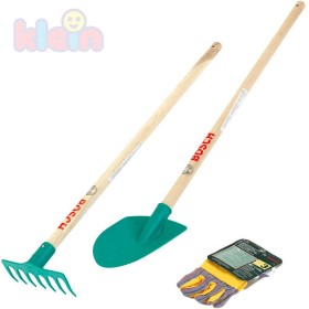 KLEIN BOSCH Dětské nářadí zahradní 2ks set s pracovními rukavicemi dřevo