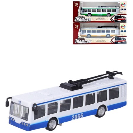 Trolejbus kovový s efekty 16cm na baterie zpětný chod Světlo Zvuk