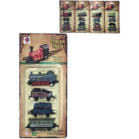 Vlak kovový mini historický set mašinka + 3 vagónky zpětný nátah 4 druhy na kartě