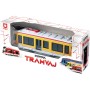 Tramvaj žlutá kovová MHD Městská hromadná doprava zpětný chod