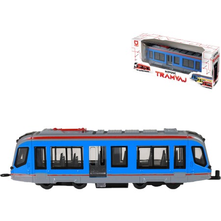Tramvaj modrá kovová MHD Městská hromadná doprava zpětný chod
