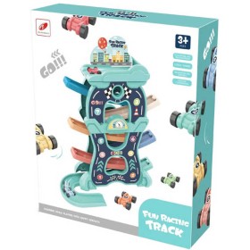 Autodráha sjezdová poschoďová 33x38cm set s 8 autíčky plast