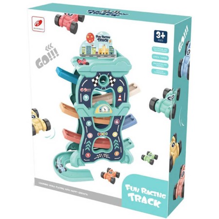 Autodráha sjezdová poschoďová 33x38cm set s 8 autíčky plast