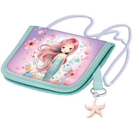 Peněženka dětská školní na krk Mermaid s potiskem mořská víla s klíčenkou