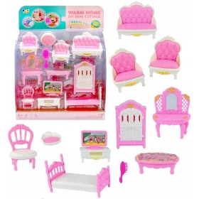 Nábytek růžovobílý doplněk do domečku pro panenky set 12ks plast