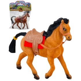 Kůň fliškový se sedlem a otěžemi 13cm dlouhá hříva flíska