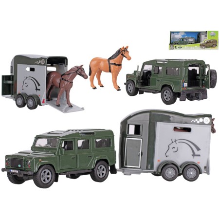 KIDS GLOBE Horses auto Land Rover set s přívěsem a koňmi zelený PB kov