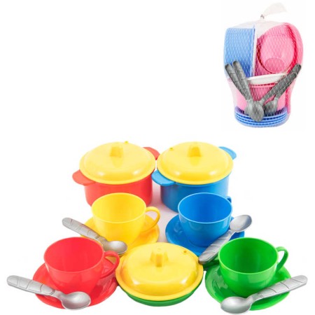 Nádobí dětské barevné set 18ks malý kuchař v síťce plast 2 druhy