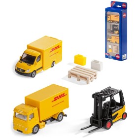 SIKU Logistický set 2 vozidla DHL s vysokozdvižným vozíkem a doplňky kov 6335
