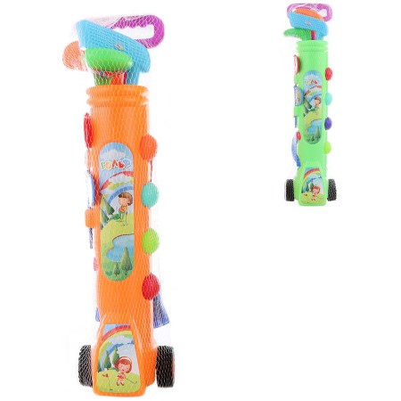 Golfový set dětský vozík se 3 holemi a 4 míčky 2 barvy plast