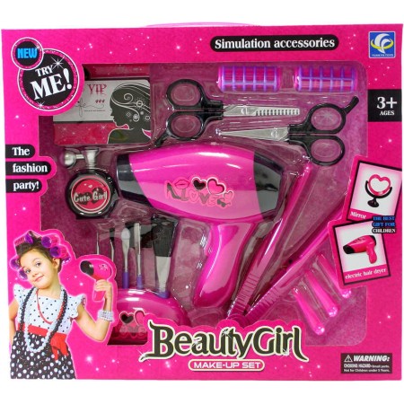 Zkrášlovací dětská sada krásy s fénem a žehličkou na vlasy na baterie