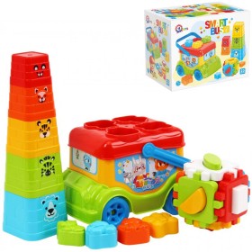 Autobus baby vkládačka volný chod + pyramida skládací kalíšky barevné